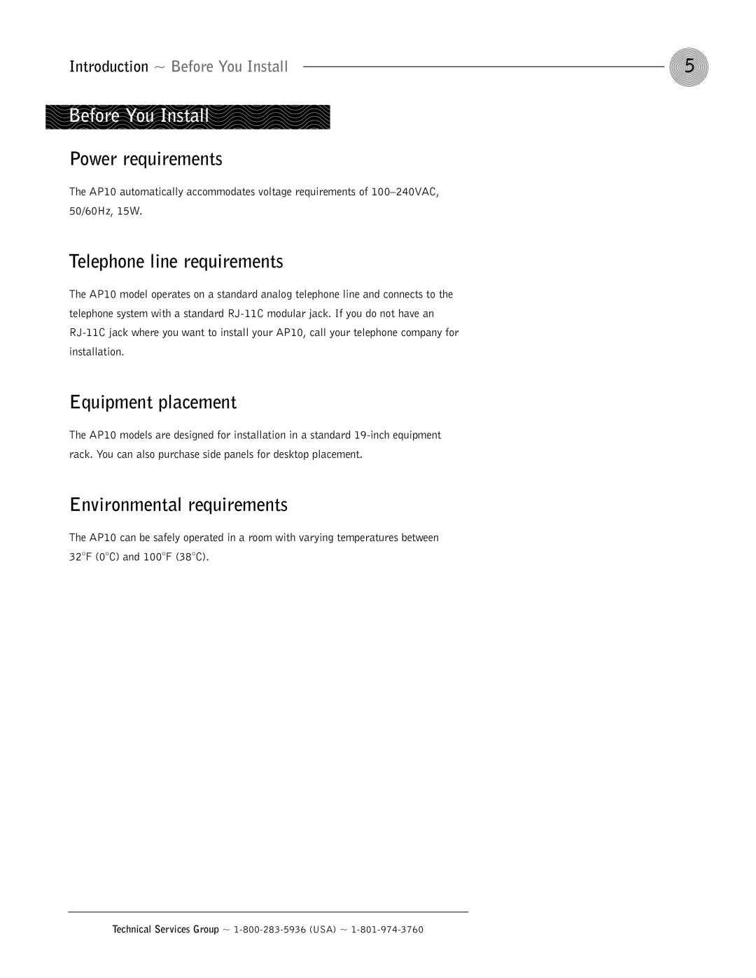 ClearOne comm AP10 Before You Install, Power requirements, Telephone line requirements, Equipment placement 