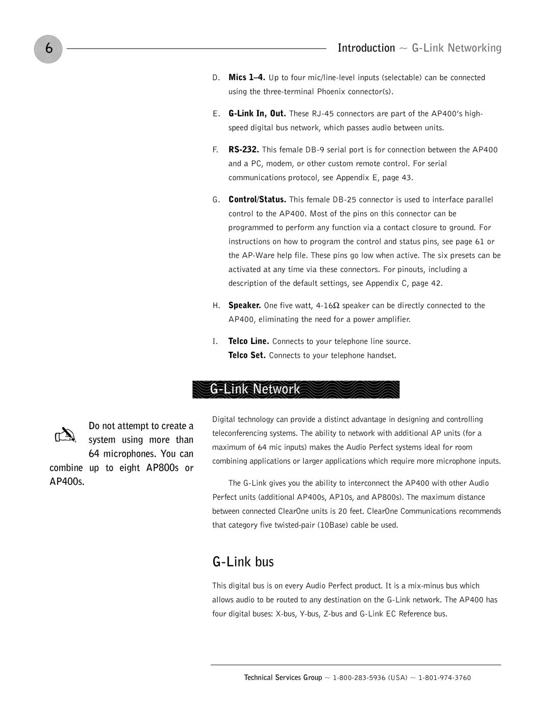 ClearOne comm AP400 operation manual Link Network, Link bus 