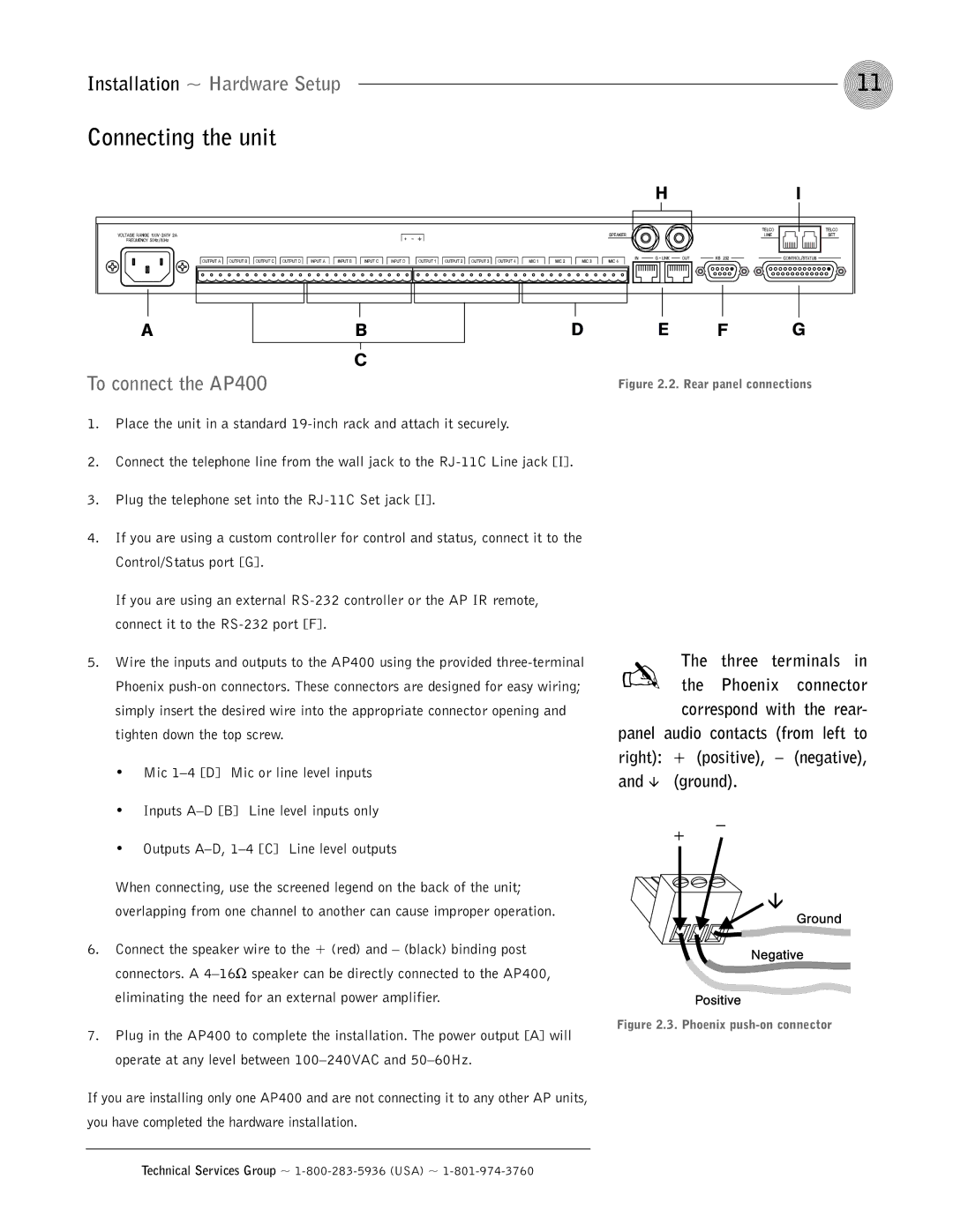 ClearOne comm operation manual Connecting the unit, Installation ~ Hardware Setup, To connect the AP400 