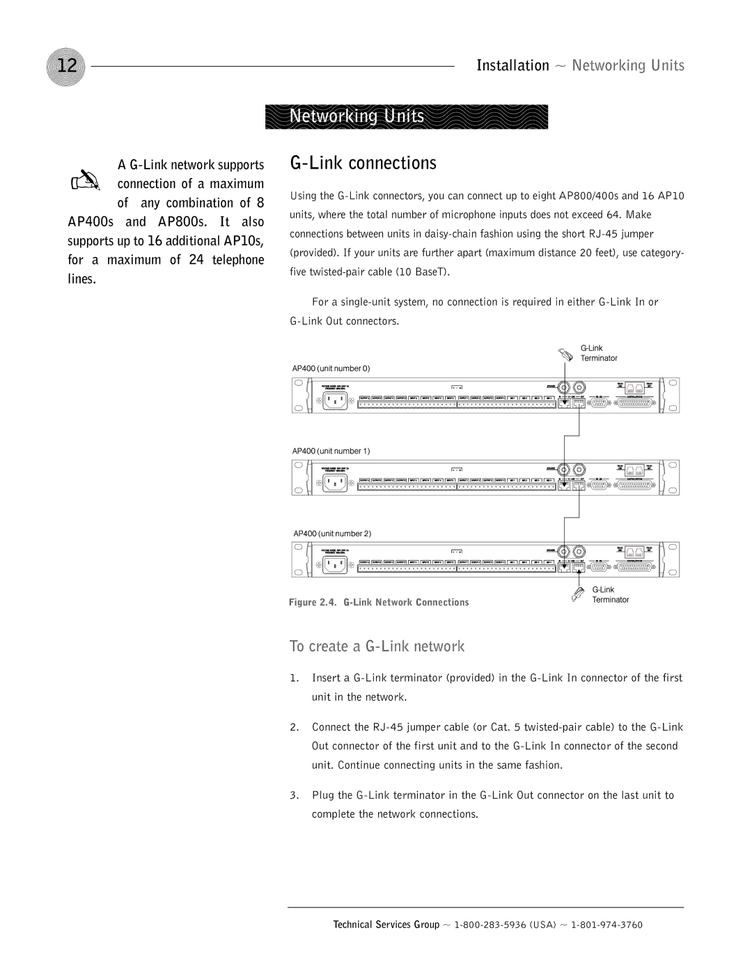 ClearOne comm AP400 operation manual Link connections, Installation ~ Networking Units, To create a G-Link network 