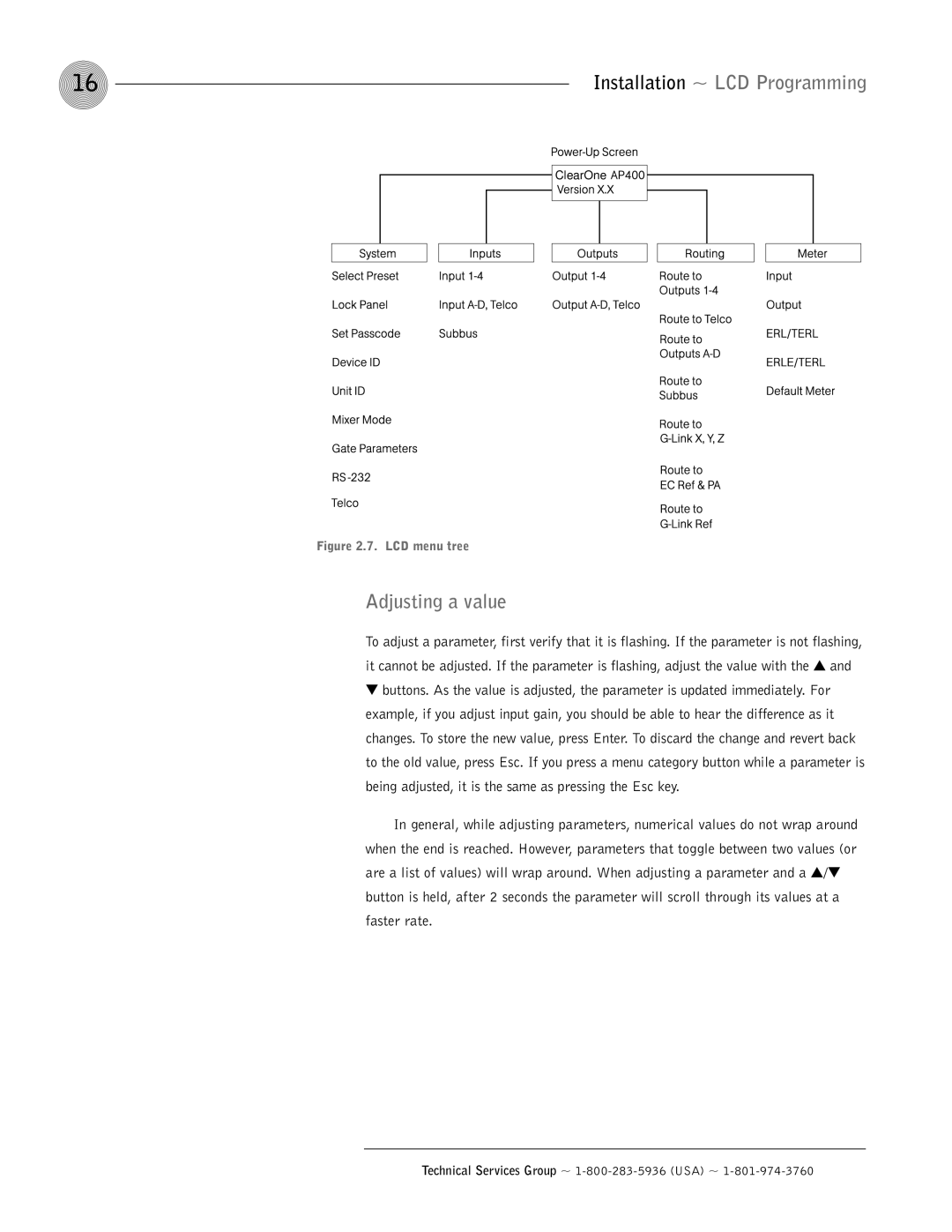 ClearOne comm AP400 operation manual Adjusting a value, LCD menu tree 