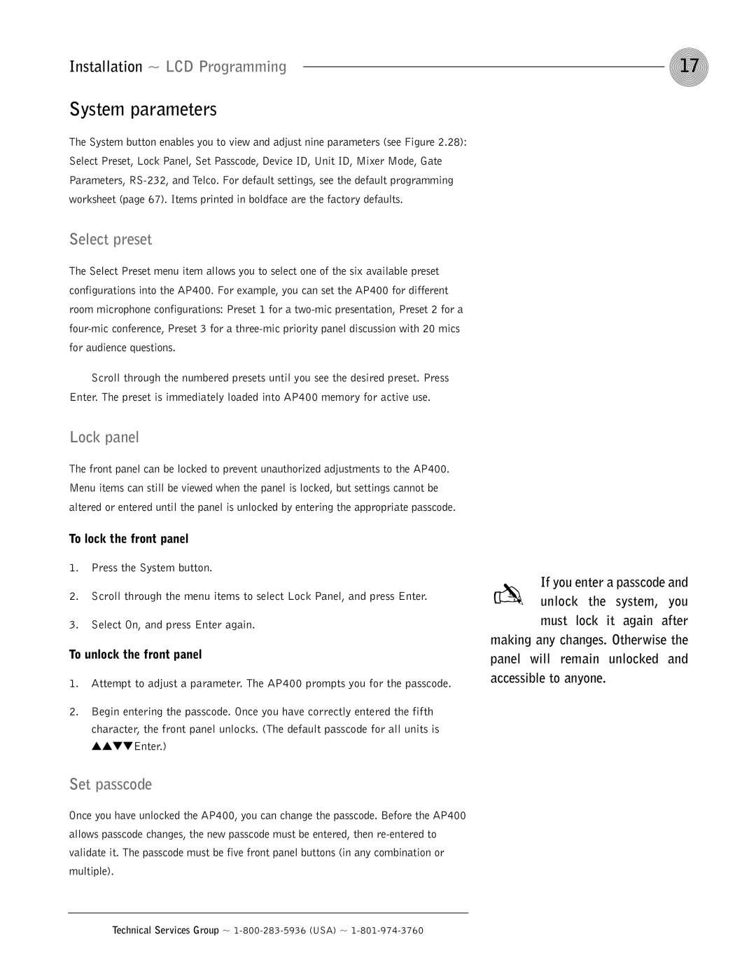 ClearOne comm AP400 operation manual System parameters, Select preset, Lock panel, Set passcode 