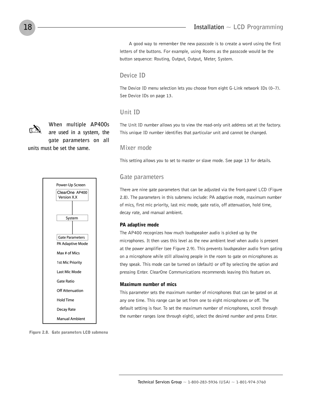 ClearOne comm AP400 operation manual Device ID, Unit ID, Mixer mode, Gate parameters 