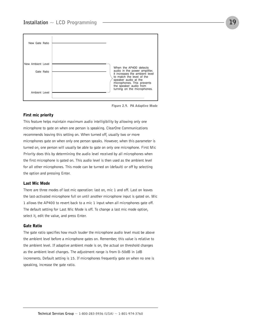 ClearOne comm AP400 operation manual First mic priority, Last Mic Mode, Gate Ratio 