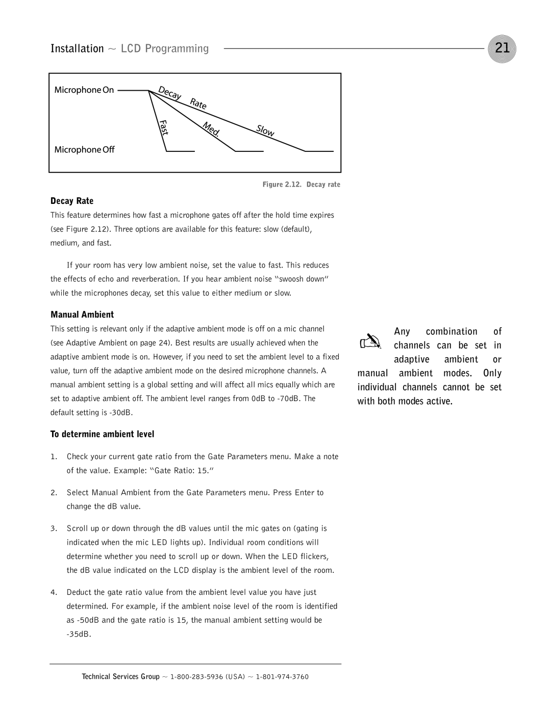 ClearOne comm AP400 operation manual Decay Rate, Manual Ambient, To determine ambient level, Combination Channels 