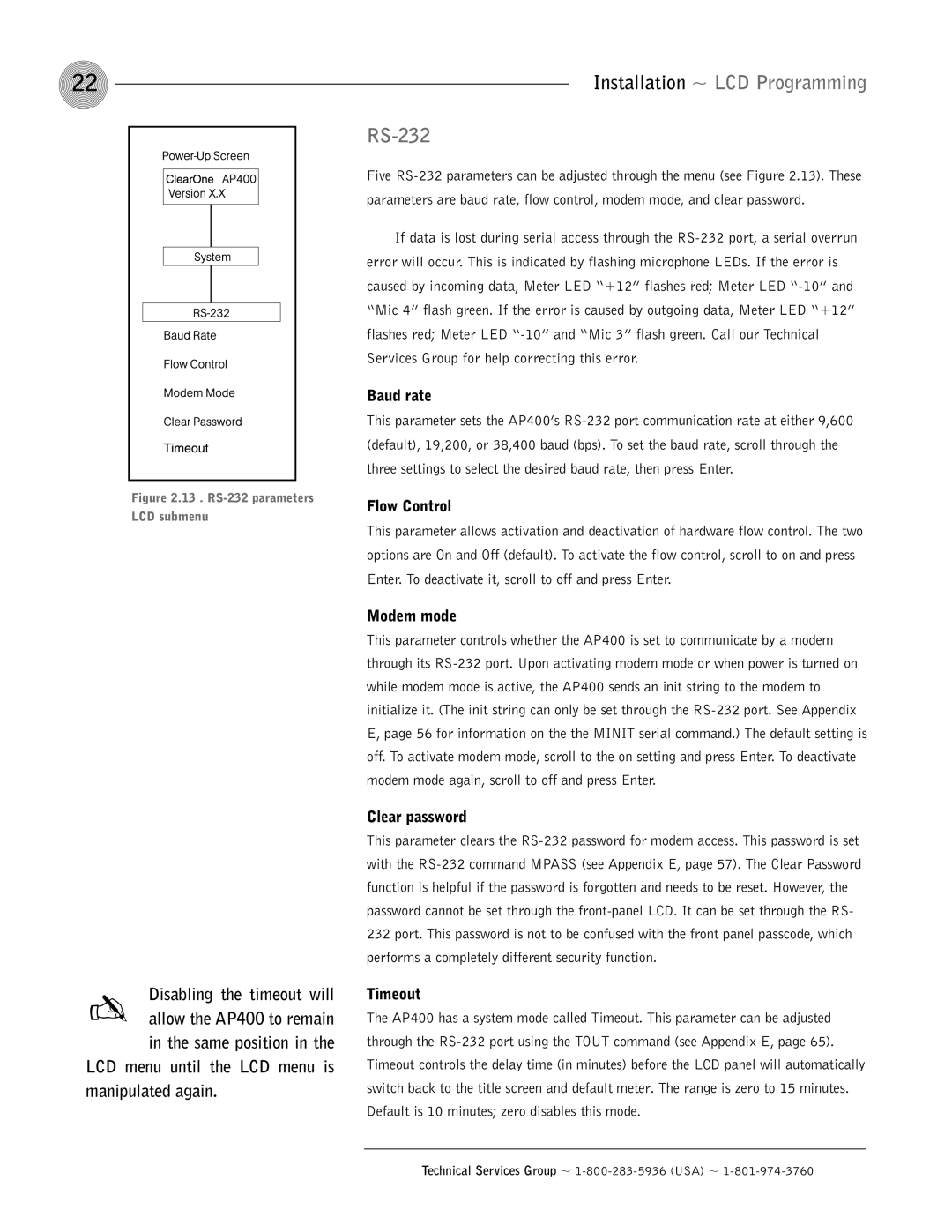 ClearOne comm AP400 operation manual Installation ~ LCD Programming RS-232 