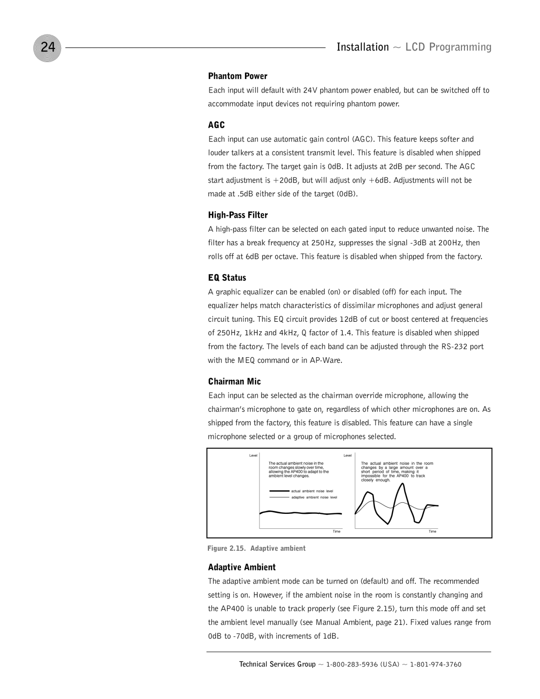 ClearOne comm AP400 operation manual Phantom Power, High-Pass Filter, EQ Status, Chairman Mic, Adaptive Ambient 