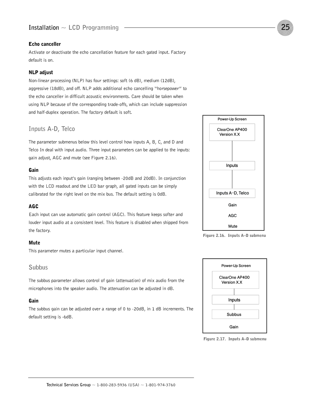 ClearOne comm AP400 operation manual Inputs A-D, Telco, Subbus, Echo canceller, NLP adjust, Gain 