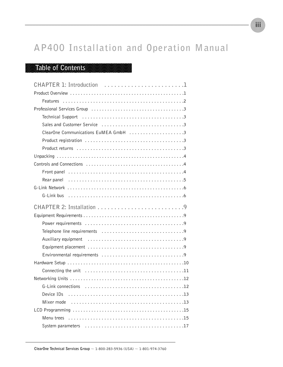 ClearOne comm AP400 operation manual Iii, Table of Contents 