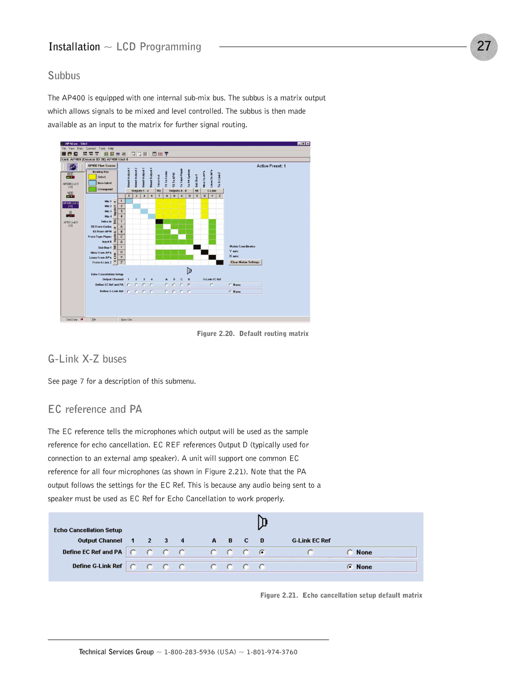 ClearOne comm AP400 operation manual Installation ~ LCD Programming Subbus, Link X-Z buses, EC reference and PA 