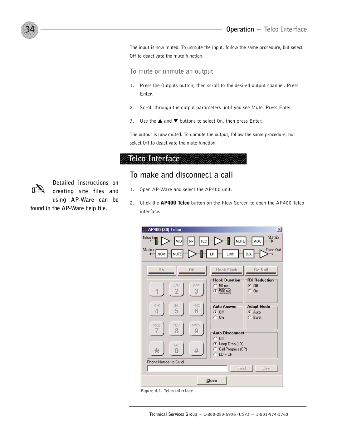 ClearOne comm AP400 Telco Interface, To make and disconnect a call, To mute or unmute an output, Instructions 