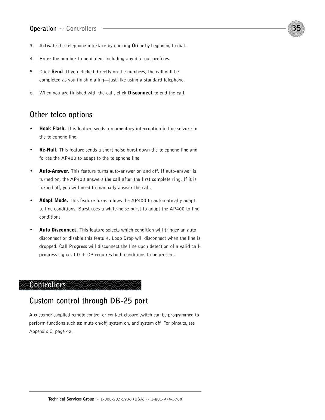 ClearOne comm AP400 operation manual Other telco options, Custom control through DB-25 port, Operation ~ Controllers 