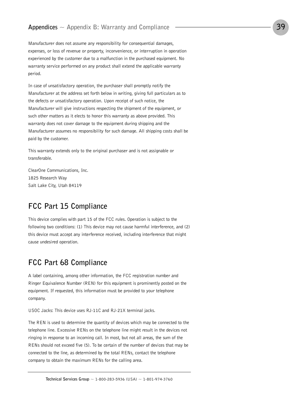 ClearOne comm AP400 FCC Part 15 Compliance, FCC Part 68 Compliance, Appendices ~ Appendix B Warranty and Compliance 