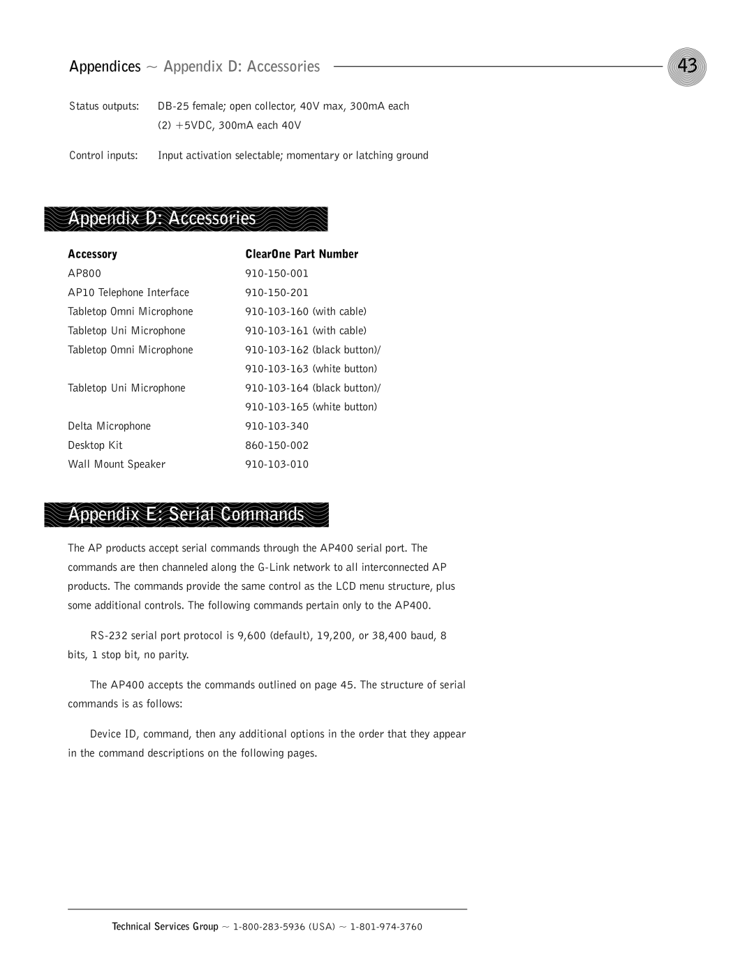 ClearOne comm AP400 Appendix E Serial Commands, Appendices ~ Appendix D Accessories, Accessory ClearOne Part Number 