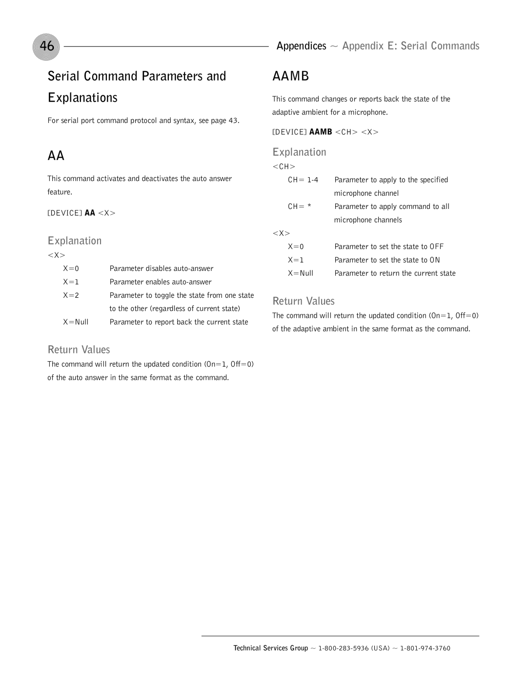 ClearOne comm AP400 operation manual Serial Command Parameters Explanations, Aamb, Return Values 