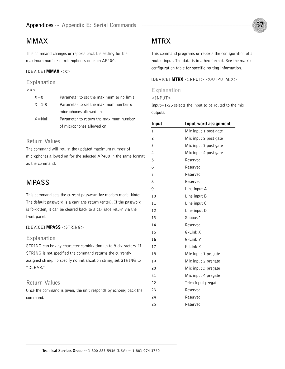 ClearOne comm AP400 operation manual Mmax, Mpass, Mtrx, Input Input word assignment 