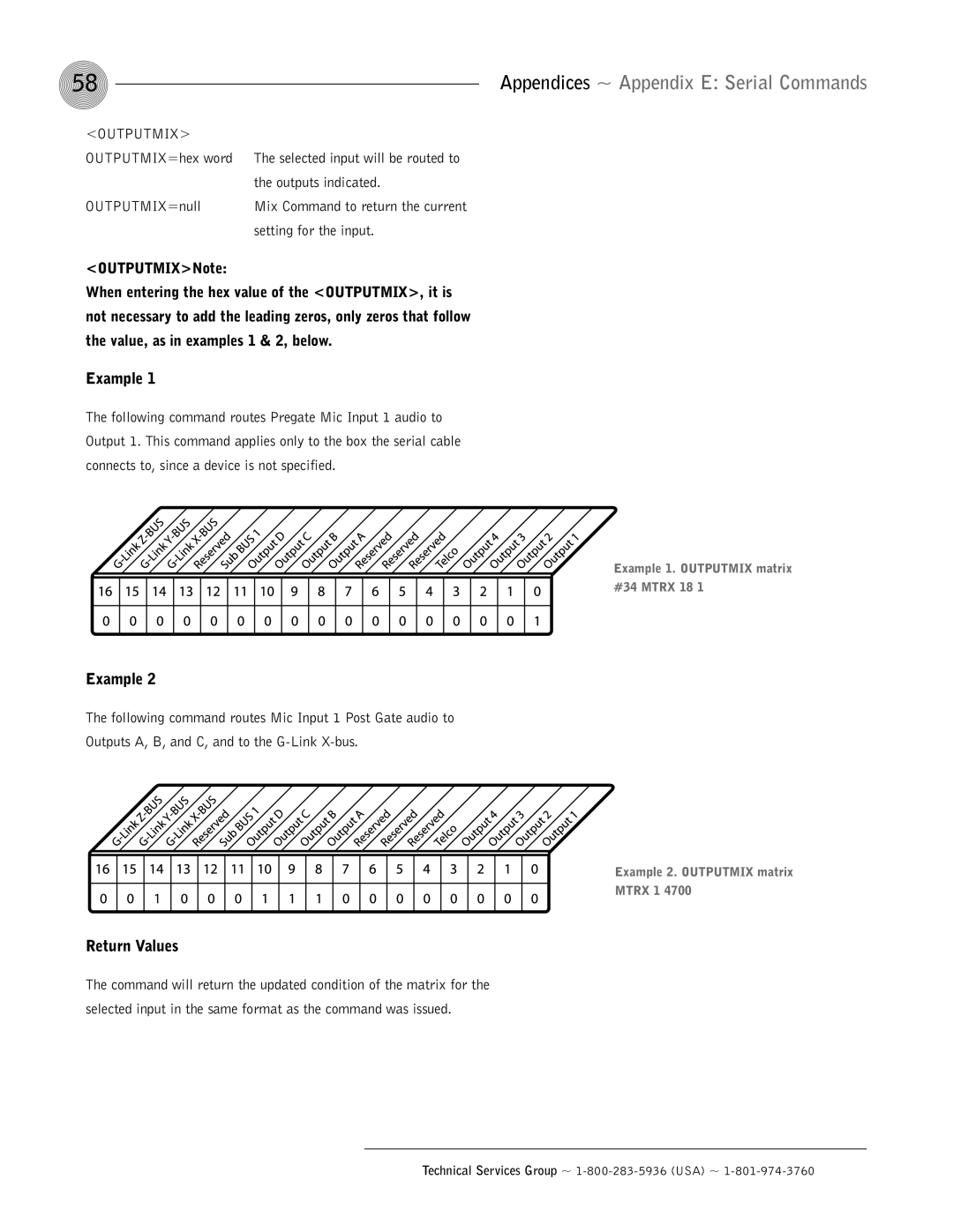 ClearOne comm AP400 operation manual Outputmix, OUTPUTMIXNote, Return Values 