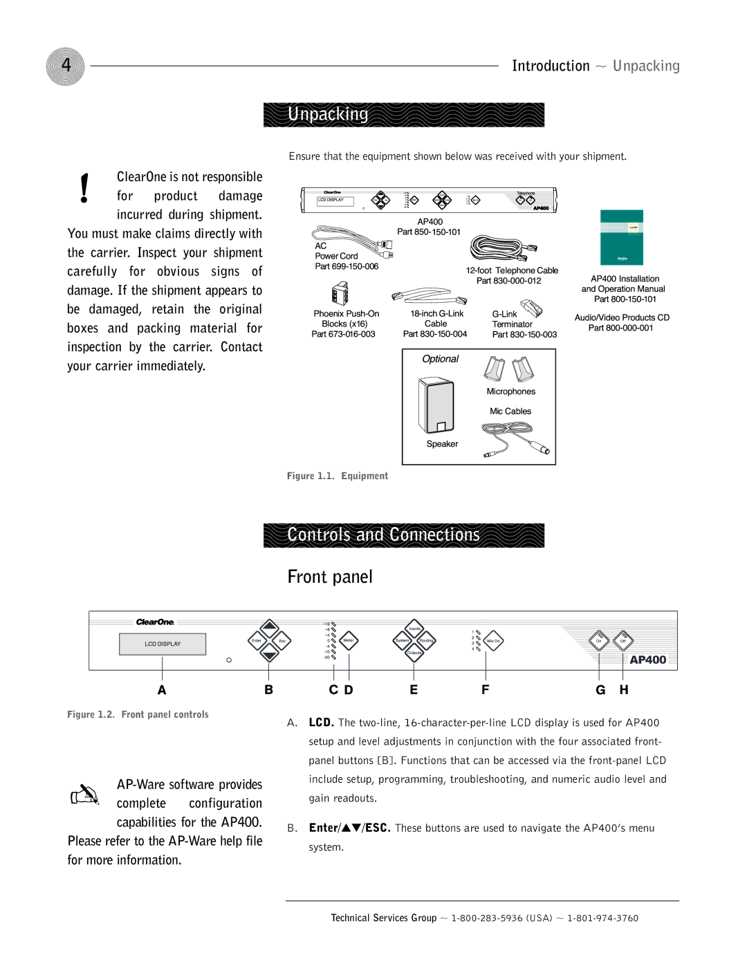 ClearOne comm AP400 operation manual Unpacking, Controls and Connections, Front panel 