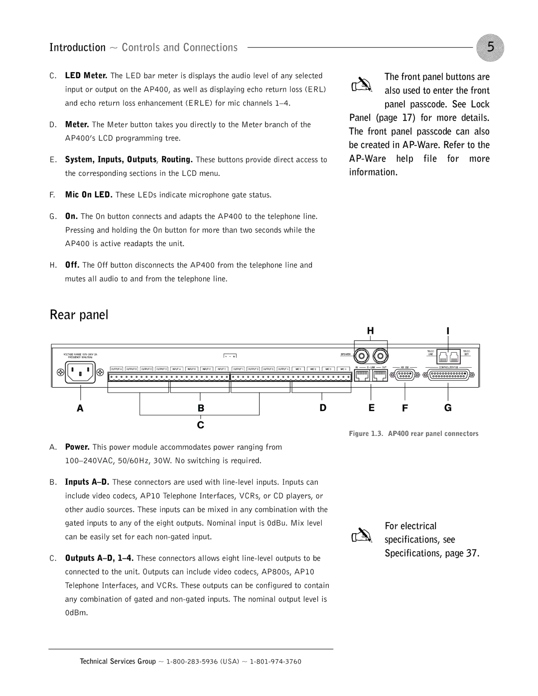 ClearOne comm AP400 operation manual Rear panel, Introduction ~ Controls and Connections 