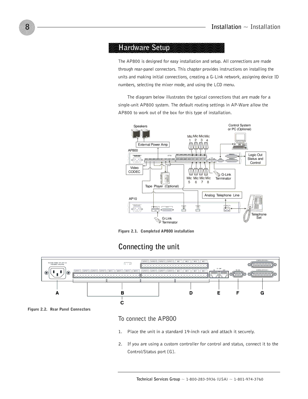 ClearOne comm operation manual Hardware Setup, Connecting the unit, To connect the AP800 