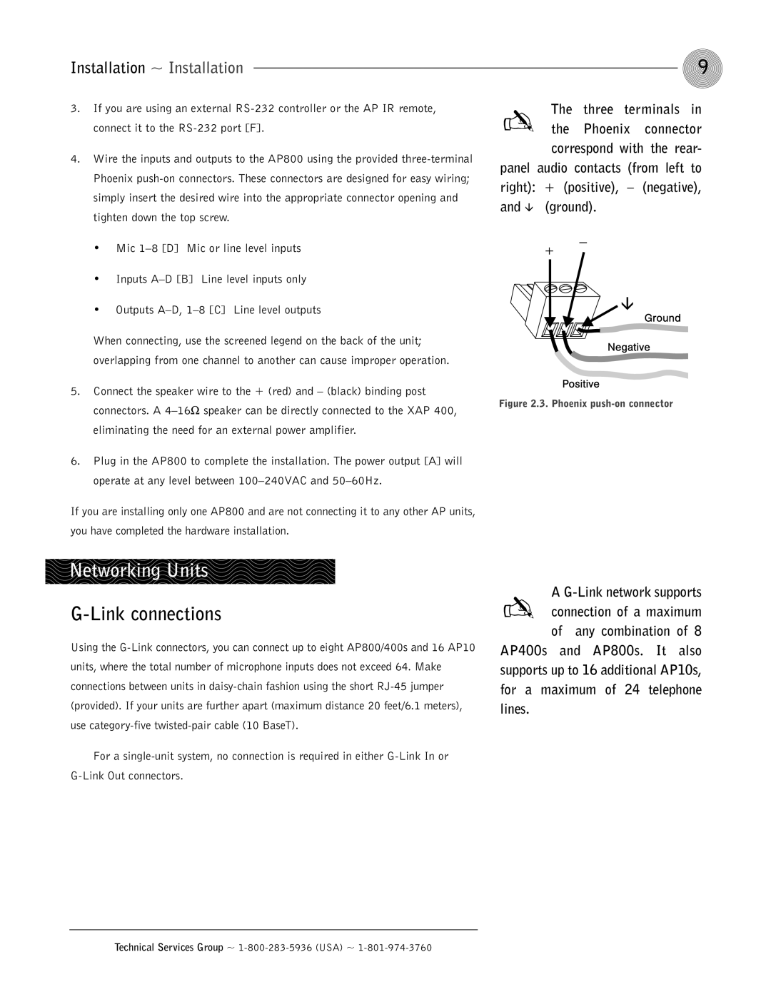 ClearOne comm AP800 operation manual Networking Units, Link connections, Installation ~ Installation 