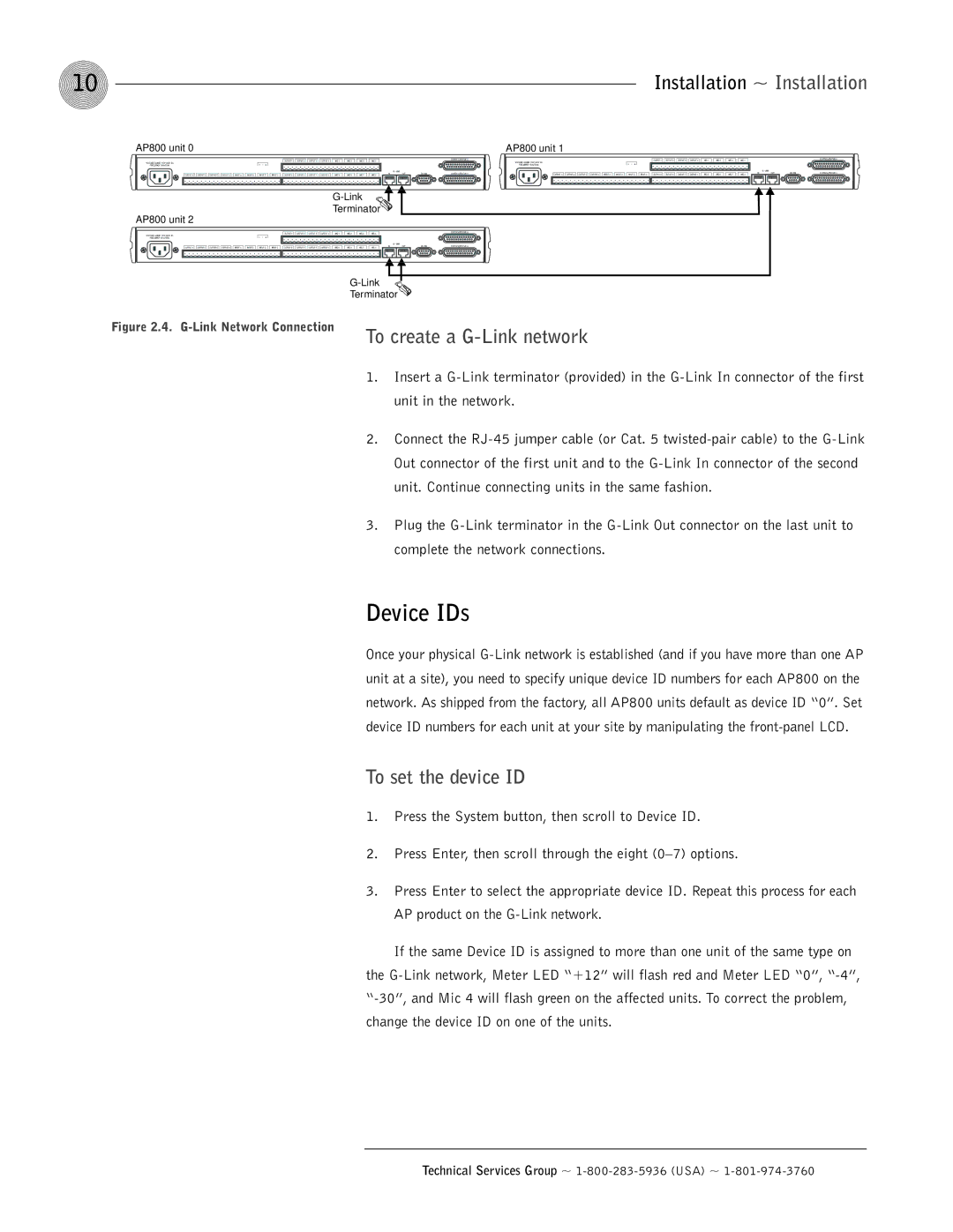 ClearOne comm AP800 operation manual Device IDs, To create a G-Link network, To set the device ID 