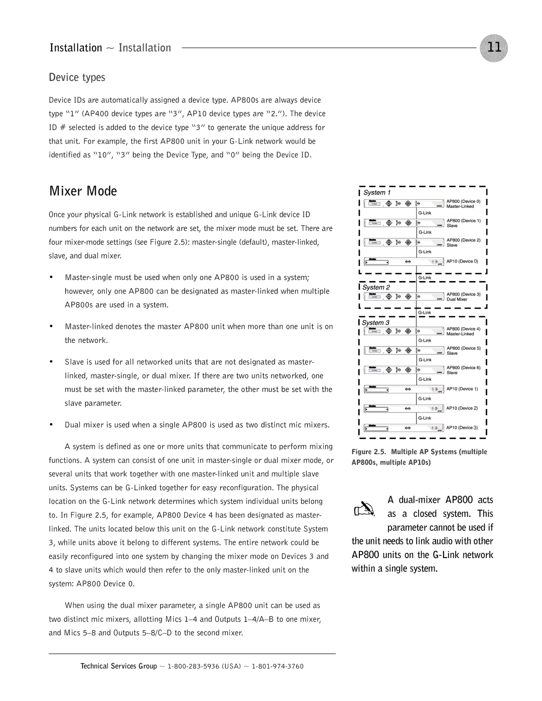 ClearOne comm AP800 operation manual Mixer Mode, Installation ~ Installation Device types 