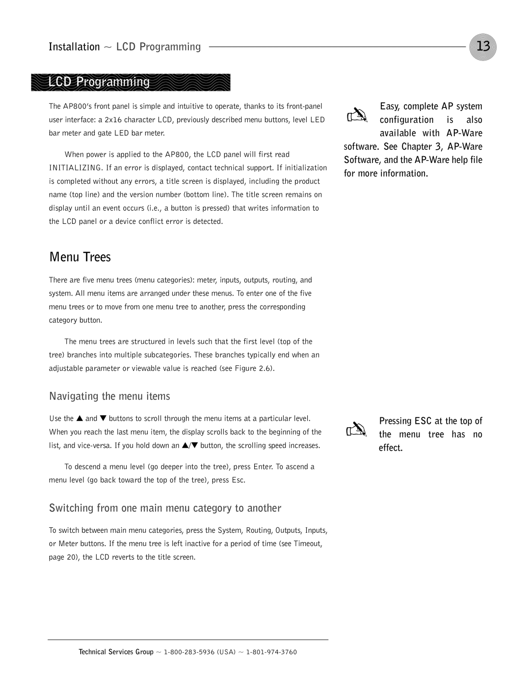 ClearOne comm AP800 operation manual Menu Trees, Installation ~ LCD Programming, Navigating the menu items 