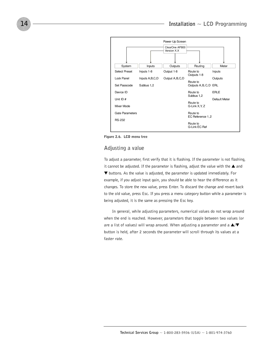 ClearOne comm AP800 operation manual Adjusting a value, Installation ~ LCD Programming 