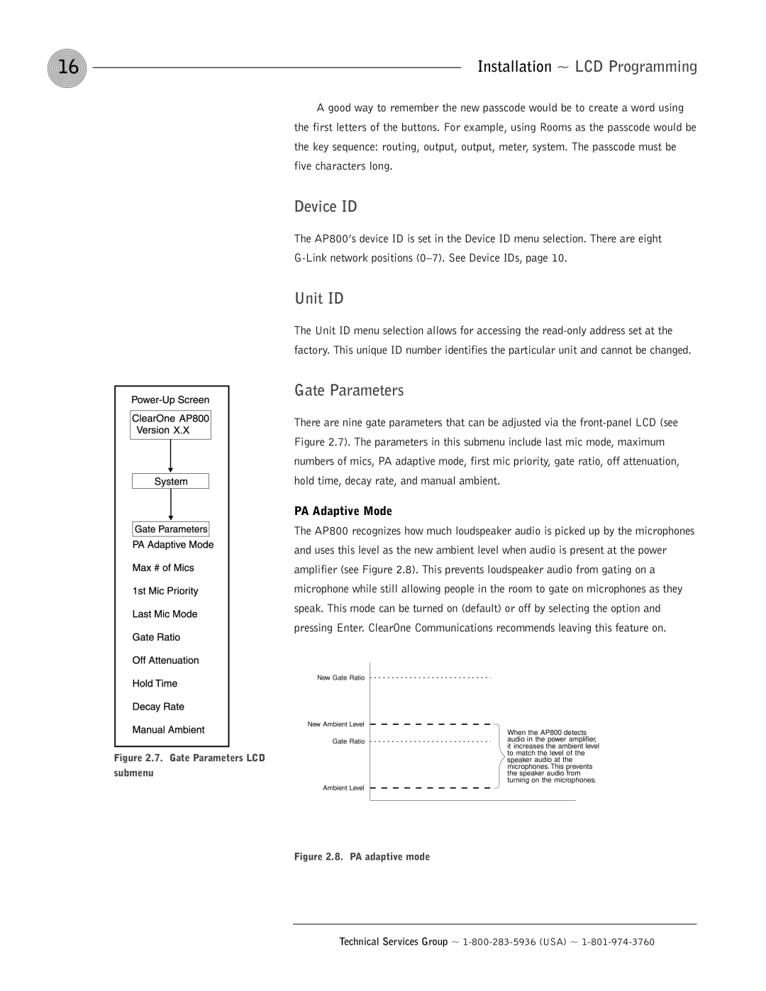 ClearOne comm AP800 operation manual Device ID, Unit ID, Gate Parameters, PA Adaptive Mode 