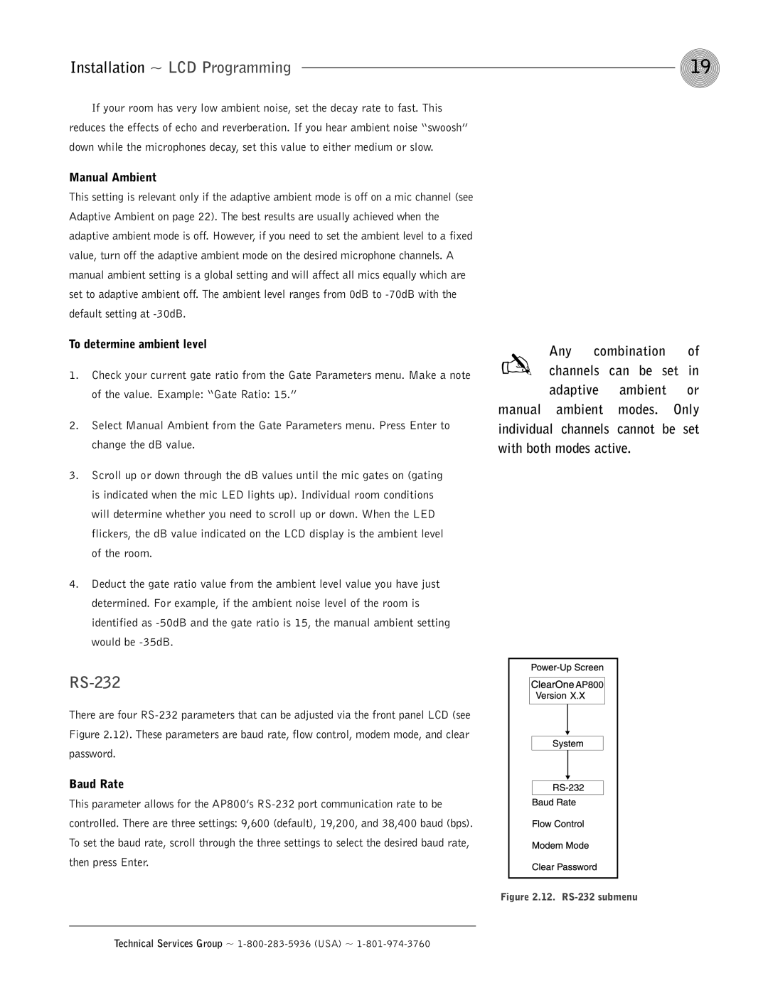 ClearOne comm AP800 operation manual RS-232, Manual Ambient, To determine ambient level, Baud Rate, Combination Channels 