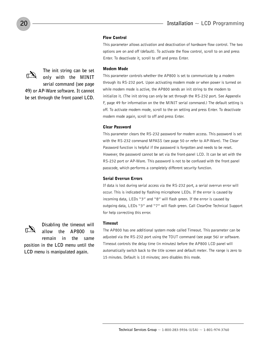 ClearOne comm AP800 operation manual Flow Control, Modem Mode, Clear Password, Serial Overrun Errors, Timeout 