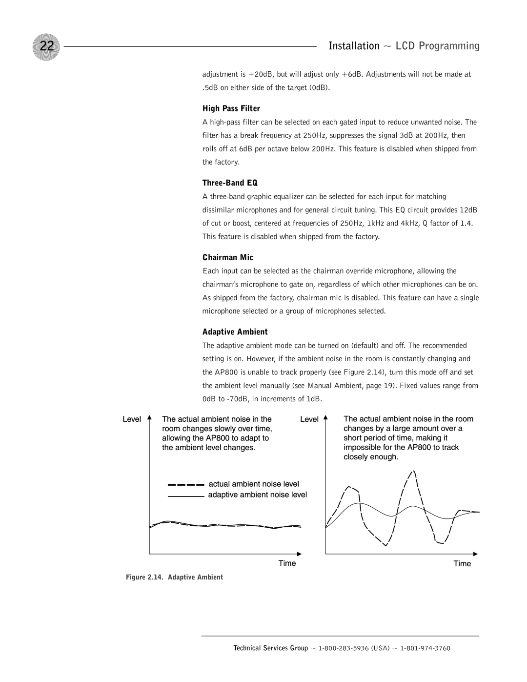 ClearOne comm AP800 operation manual High Pass Filter, Three-Band EQ, Chairman Mic, Adaptive Ambient 