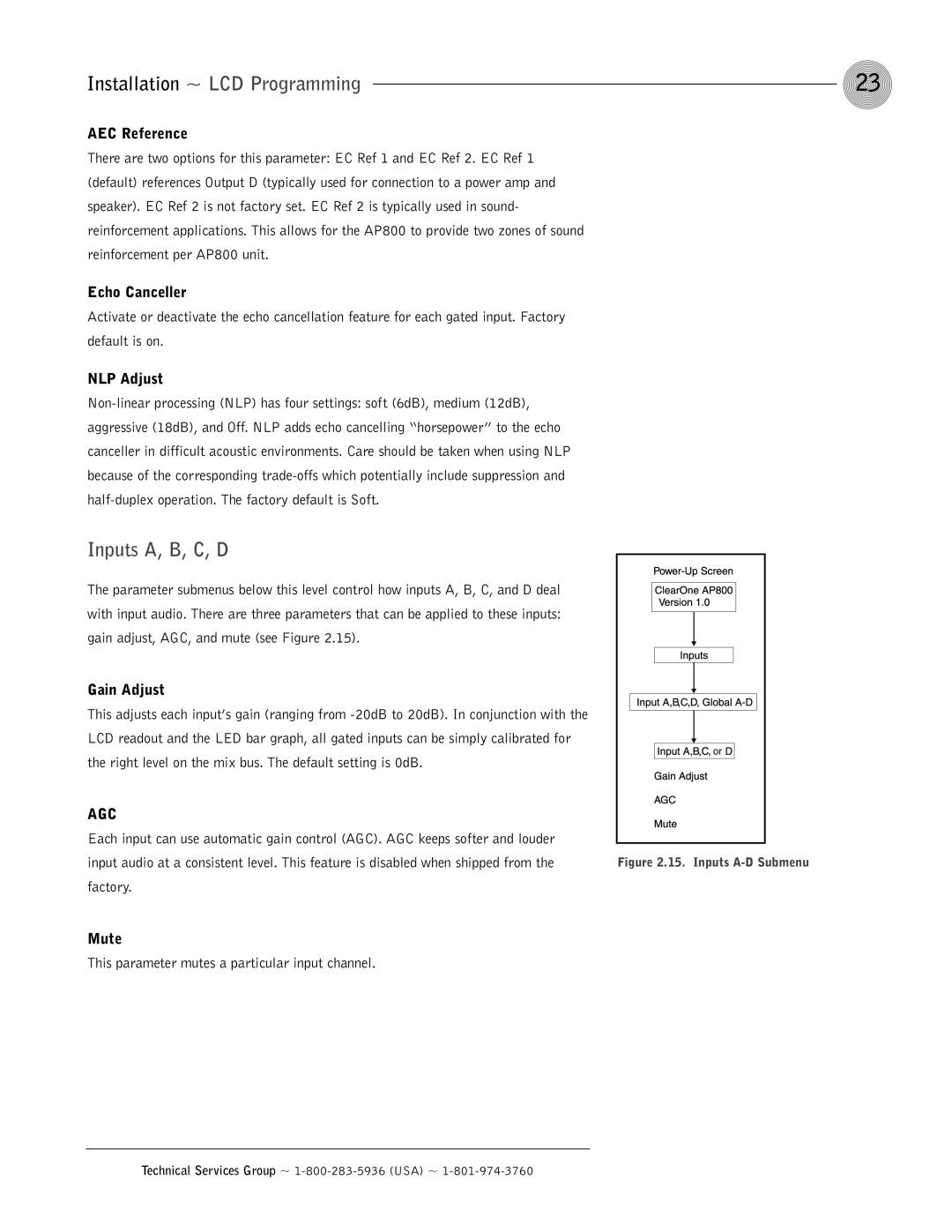 ClearOne comm AP800 operation manual Inputs A, B, C, D, AEC Reference, Echo Canceller, NLP Adjust 