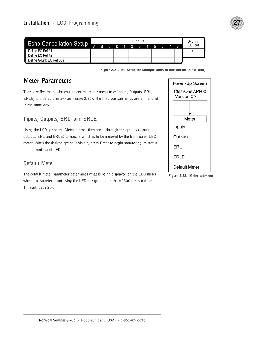 ClearOne comm AP800 operation manual Meter Parameters, Inputs, Outputs, ERL, and Erle, Default Meter 