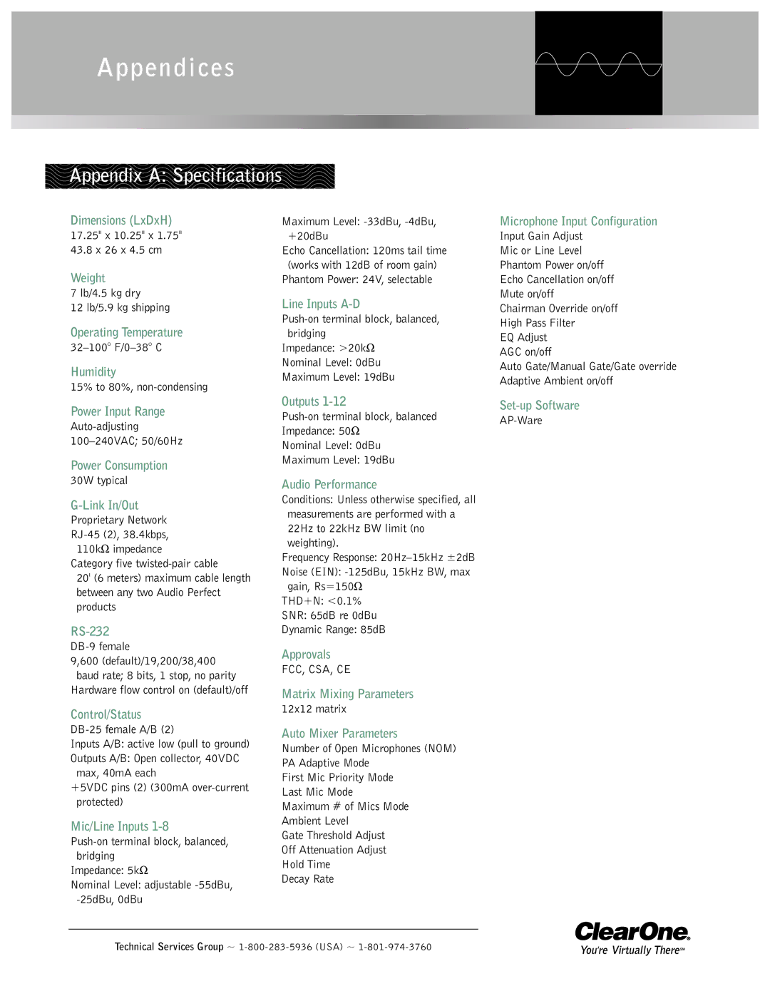 ClearOne comm AP800 operation manual Appendix a Specifications, Fcc, Csa, Ce 