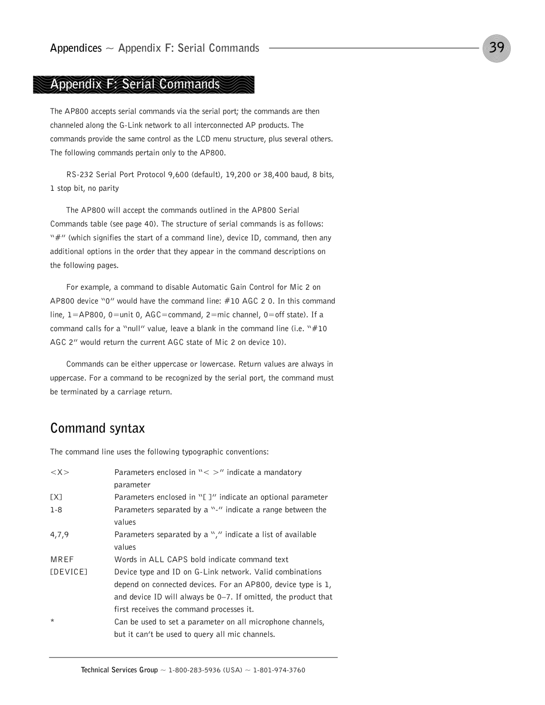 ClearOne comm AP800 operation manual Command syntax, Appendices ~ Appendix F Serial Commands, Mref, Device 