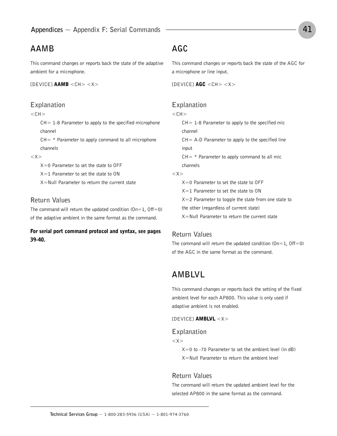 ClearOne comm AP800 operation manual Aamb, Agc, Amblvl, Explanation, Return Values 