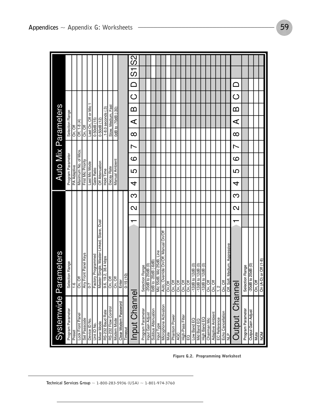 ClearOne comm AP800 operation manual Systemwide Parameters Auto Mix Parameters, Appendices ~ Appendix G Worksheets 