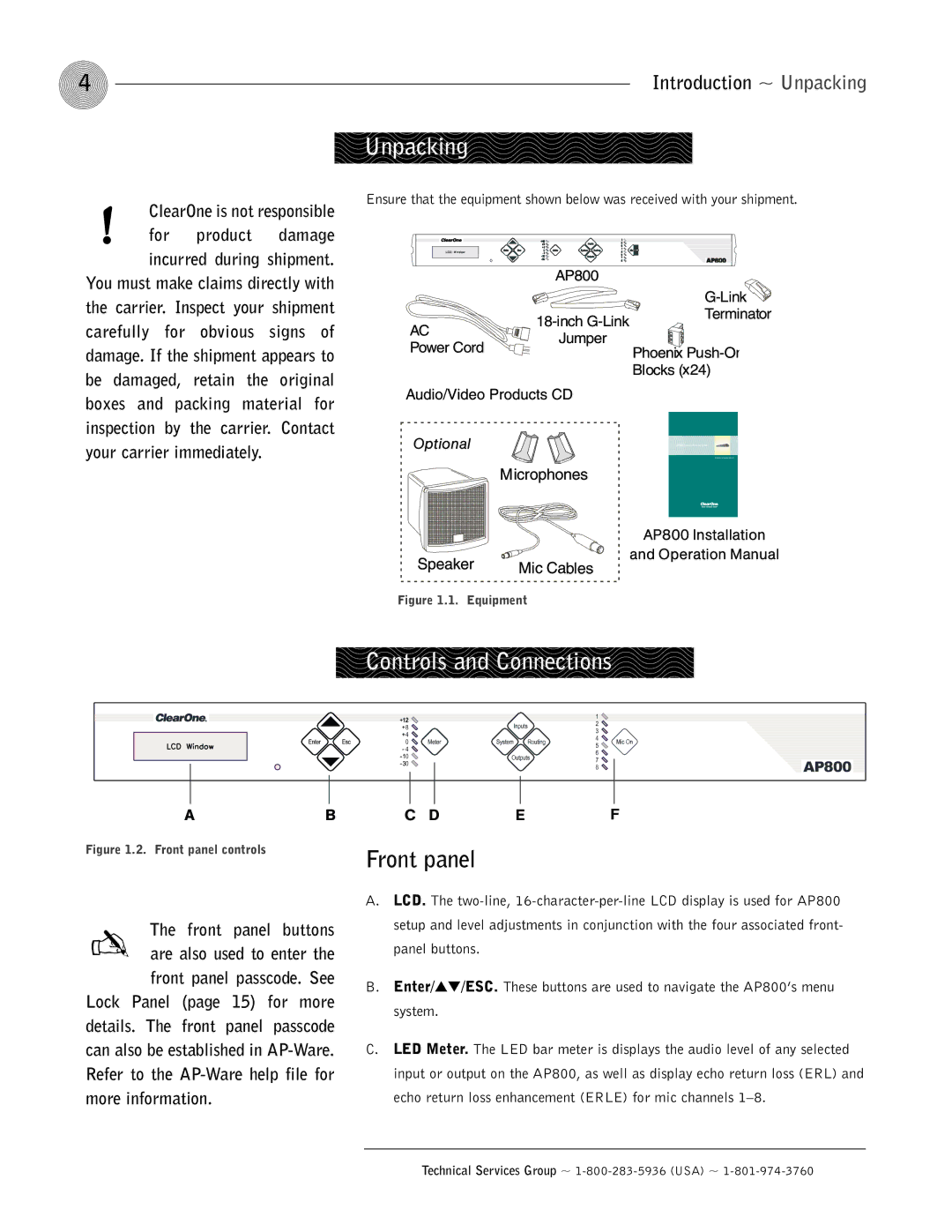 ClearOne comm AP800 operation manual Unpacking, Controls and Connections, Front panel 