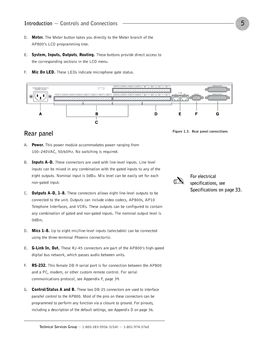 ClearOne comm AP800 operation manual Rear panel, Introduction ~ Controls and Connections 