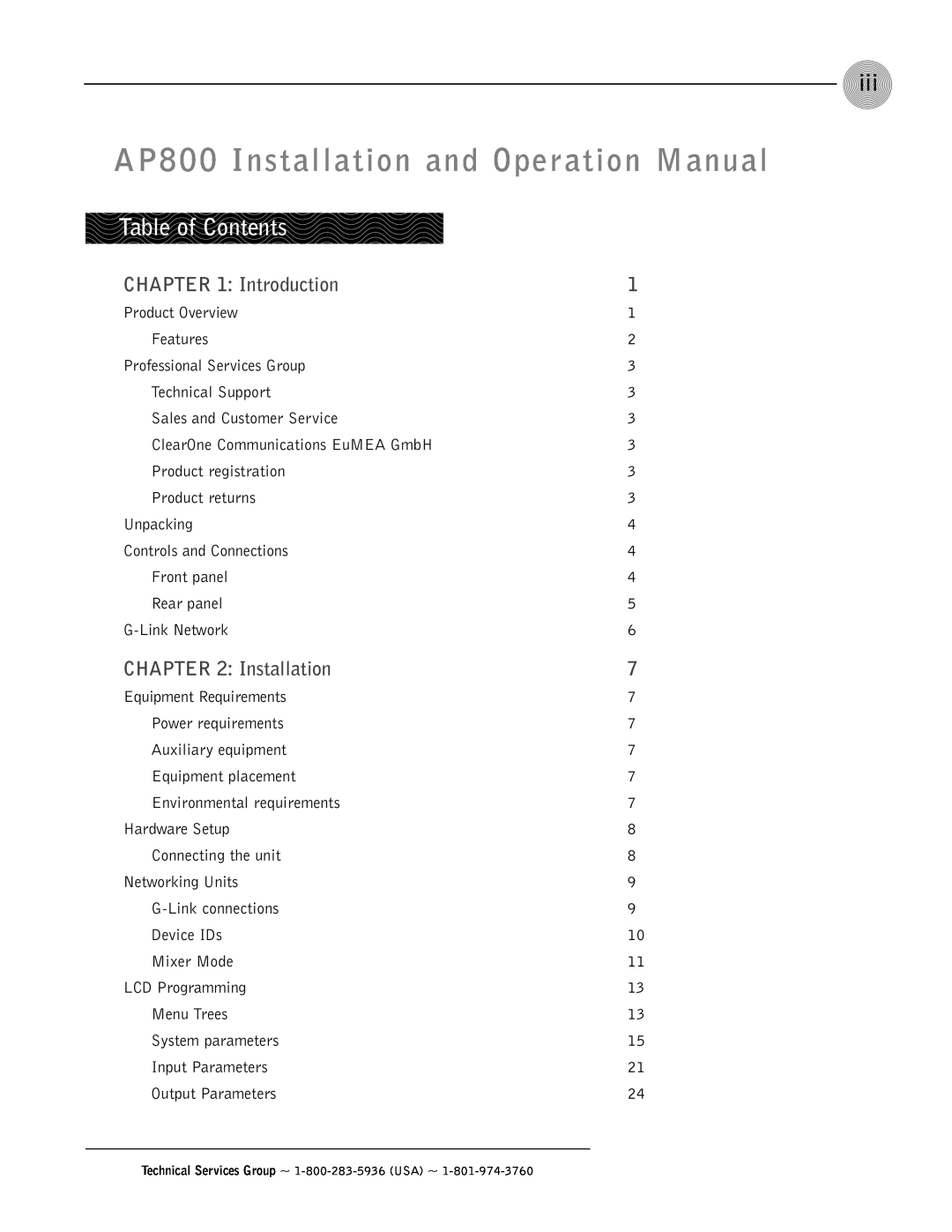 ClearOne comm operation manual Table of Contents, Introduction, AP800 Installation and Operation Manual 