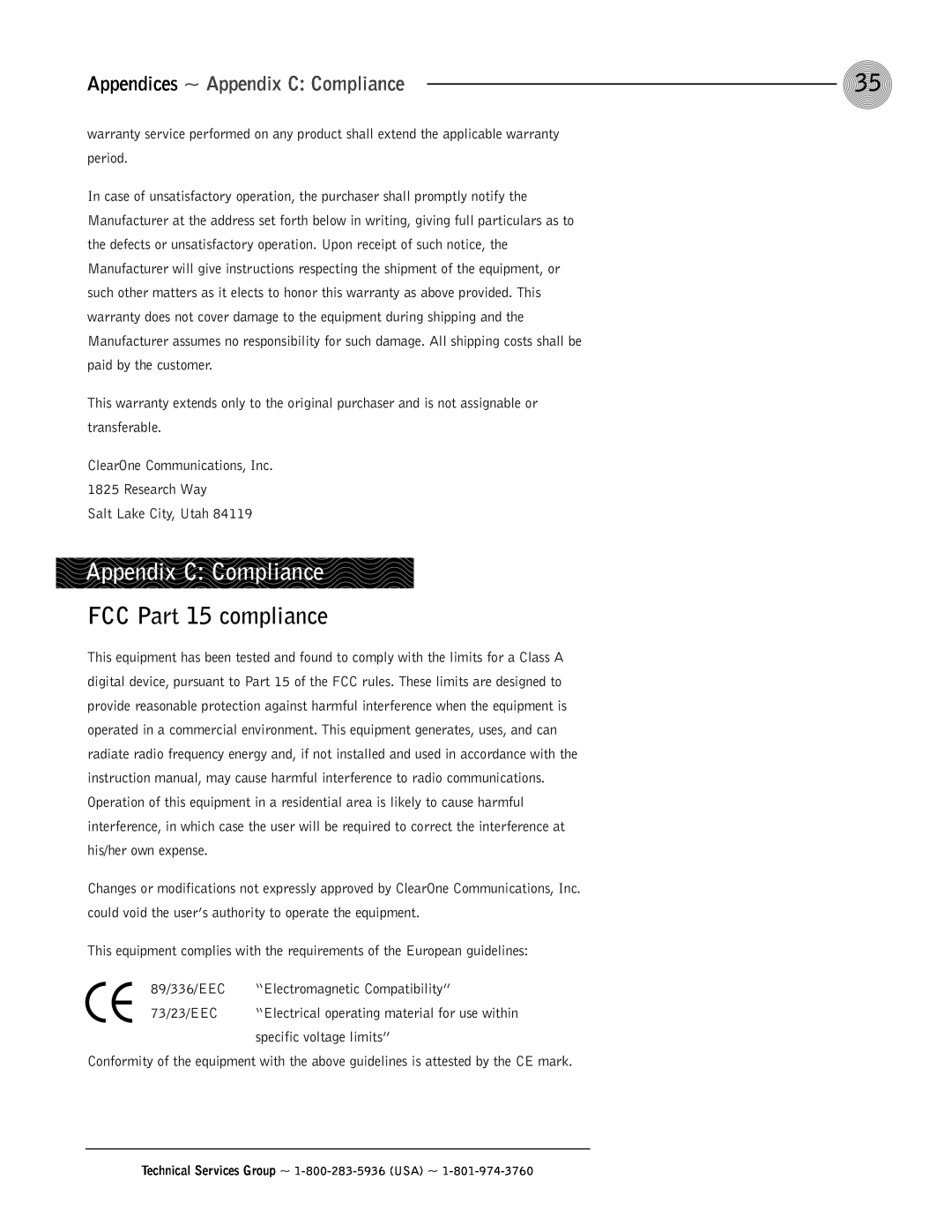 ClearOne comm AP800 operation manual FCC Part 15 compliance, Appendices ~ Appendix C Compliance 