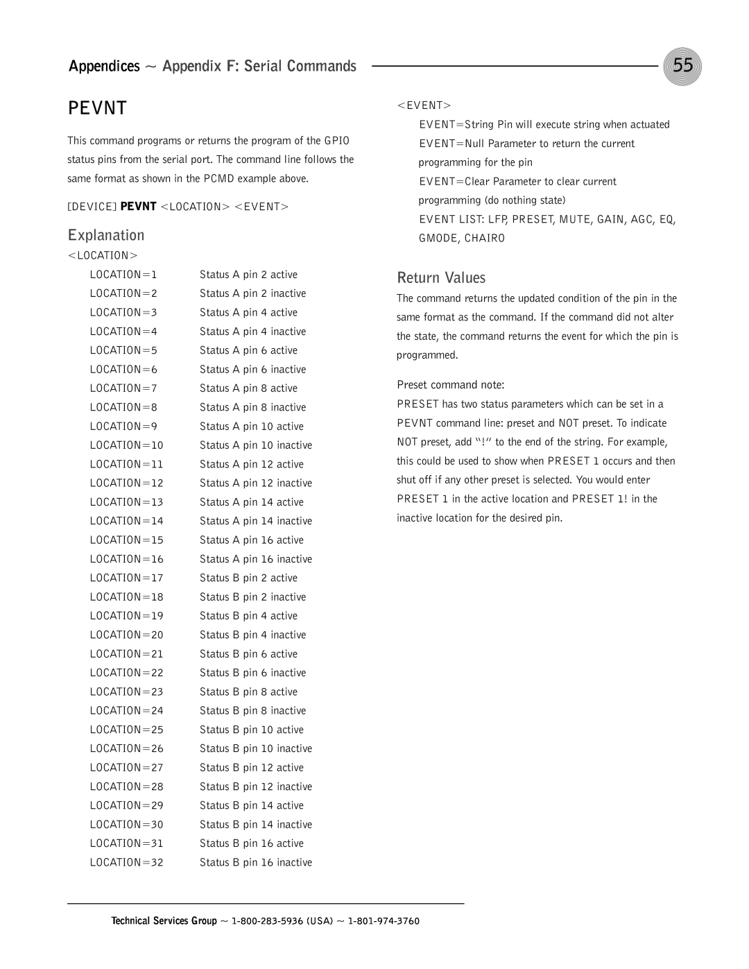 ClearOne comm AP800 operation manual Pevnt, Appendices ~ Appendix F Serial Commands, Explanation, Return Values 