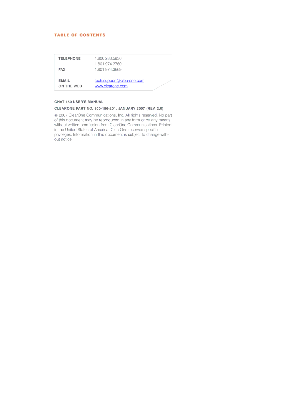 ClearOne comm CHAT 150 user manual Table of Contents 