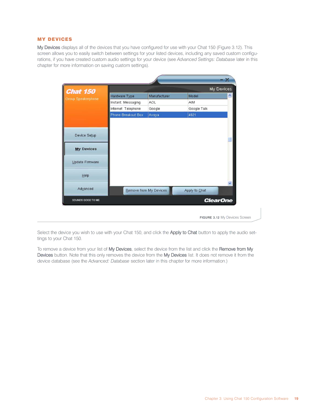 ClearOne comm CHAT 150 user manual MY Devices, My Devices Screen 