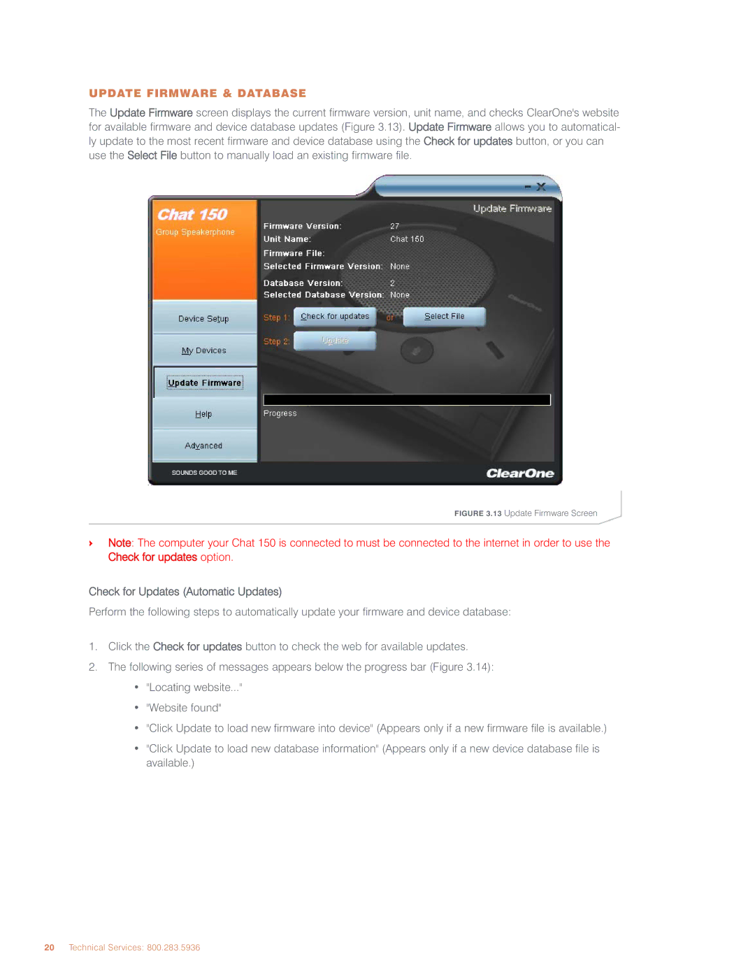 ClearOne comm CHAT 150 user manual Update Firmware & Database, Check for Updates Automatic Updates 