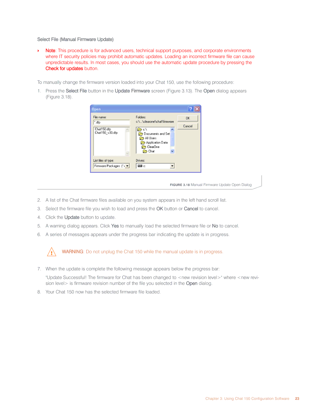 ClearOne comm CHAT 150 user manual Select File Manual Firmware Update 