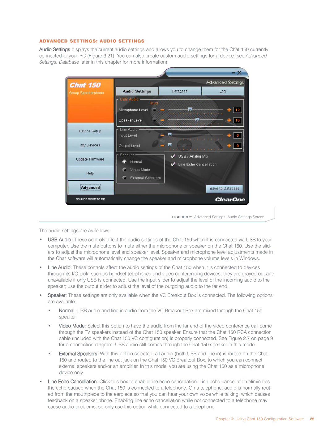 ClearOne comm CHAT 150 user manual Audio settings are as follows 