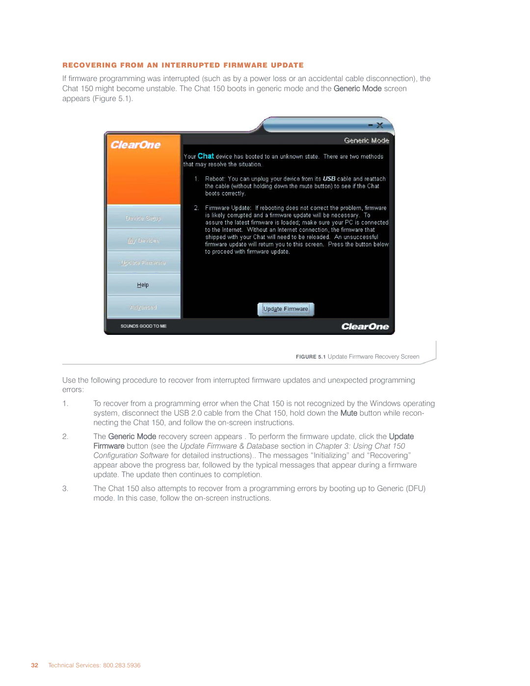 ClearOne comm CHAT 150 user manual Recovering from AN Interrupted Firmware Update 